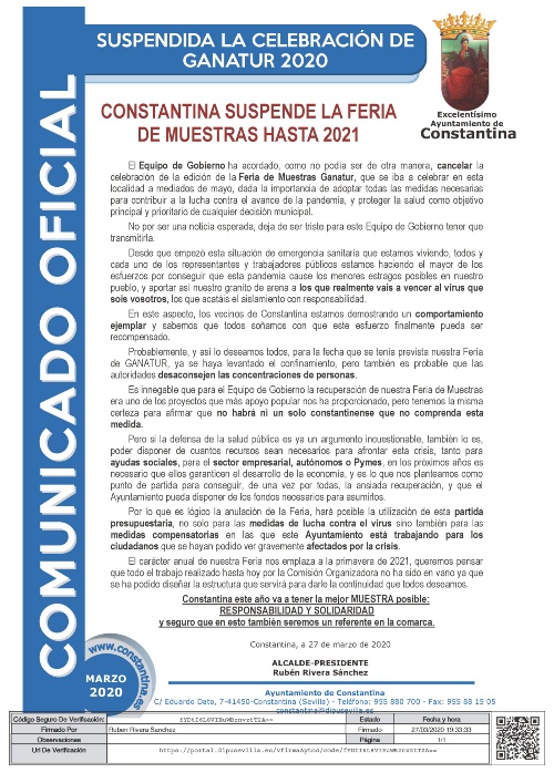COMUNICADO OFICIAL CONSTANTINA_Anulada Feria Muestras Ganatur 2020