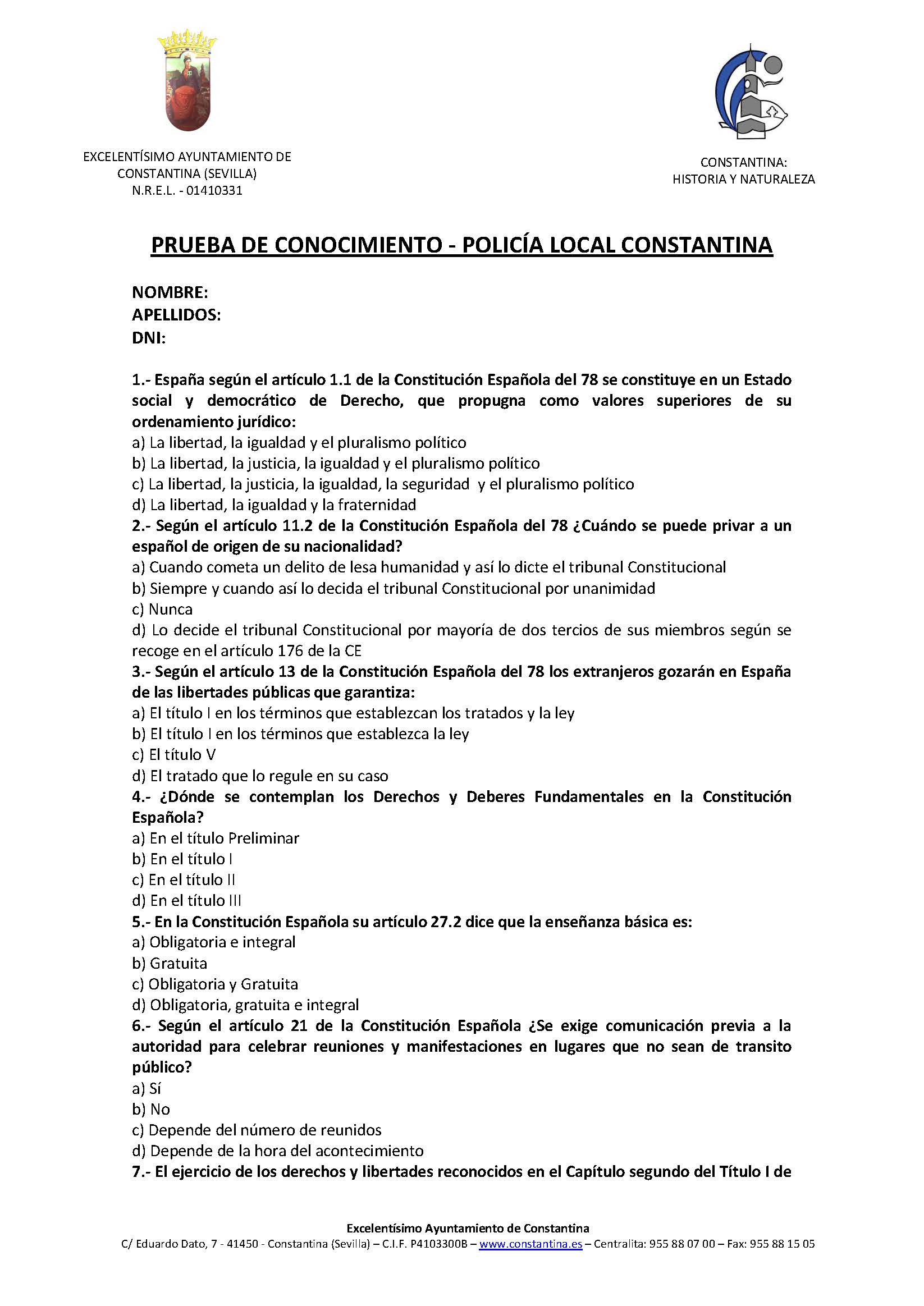 Examen policía local Constantina 2015