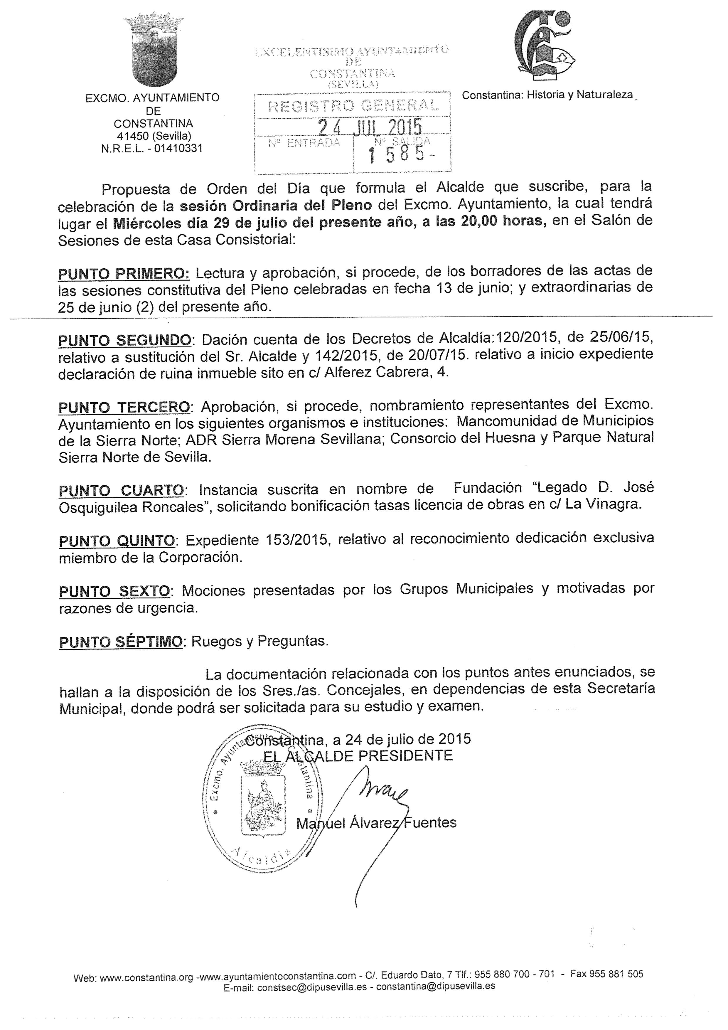 Propuesta Orden del día Pleno Municipal 29 julio 2015 Constantina